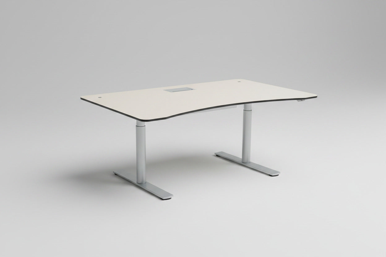 Paustian hæve-sænkebord i beige med lys linoleum set i skrå vinkel, 160x90 cm med elegant mavebue.